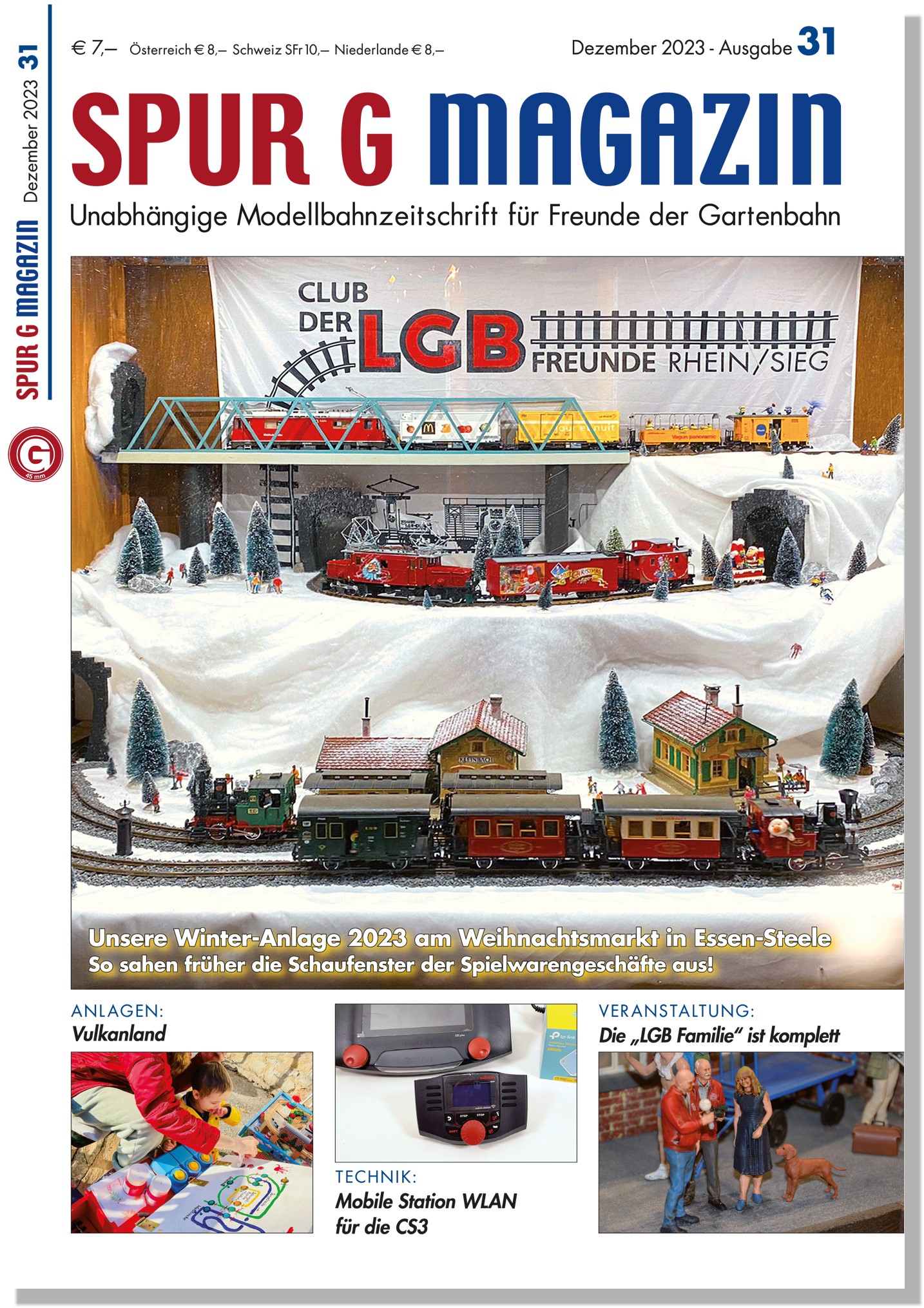 Cover Spur G Magazin Nr. 31 - Dezember 2023 - Unser Titelbild zweigt unsere Winter-Anlage  2023 auf dem Weihnachtsmarkt in Essen-Steele. So sahen frher die Schaufenster der Spielwarengeschfte aus! 