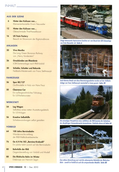 Inhaltsverzeichnis Spur G Magazin Nr. 10 vom Dezember 2010 