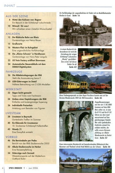 Inhaltsverzeichnis Spur G Magazin Nr. 1 vom Juni 2006