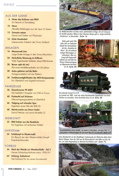 Inhaltsverzeichnis Spur G Magazin Nr. 4 vom Dezember 2007
