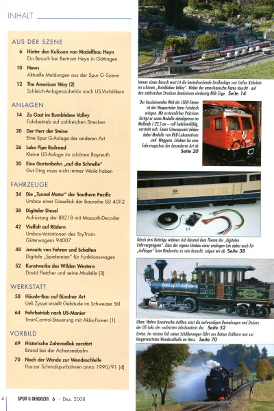 Inhaltsverzeichnis Spur G Magazin Nr. 6 vom Dezember 2008