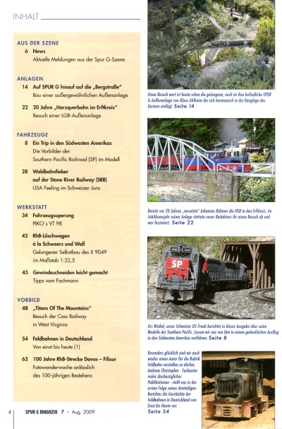 Inhaltsverzeichnis Spur G Magazin Nr. 7 vom August 2009