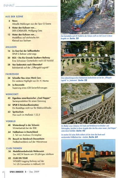 Inhaltsverzeichnis Spur G Magazin Nr. 08 vom Dezember 2009