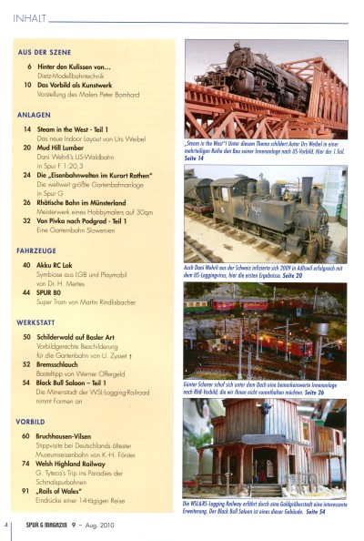 Inhaltsverzeichnis Spur G Magazin Nr. 9 vom August 2010