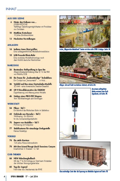 Inhaltsverzeichnis Spur G Magazin Nr. 17 - Ausgabe Juli 2014
