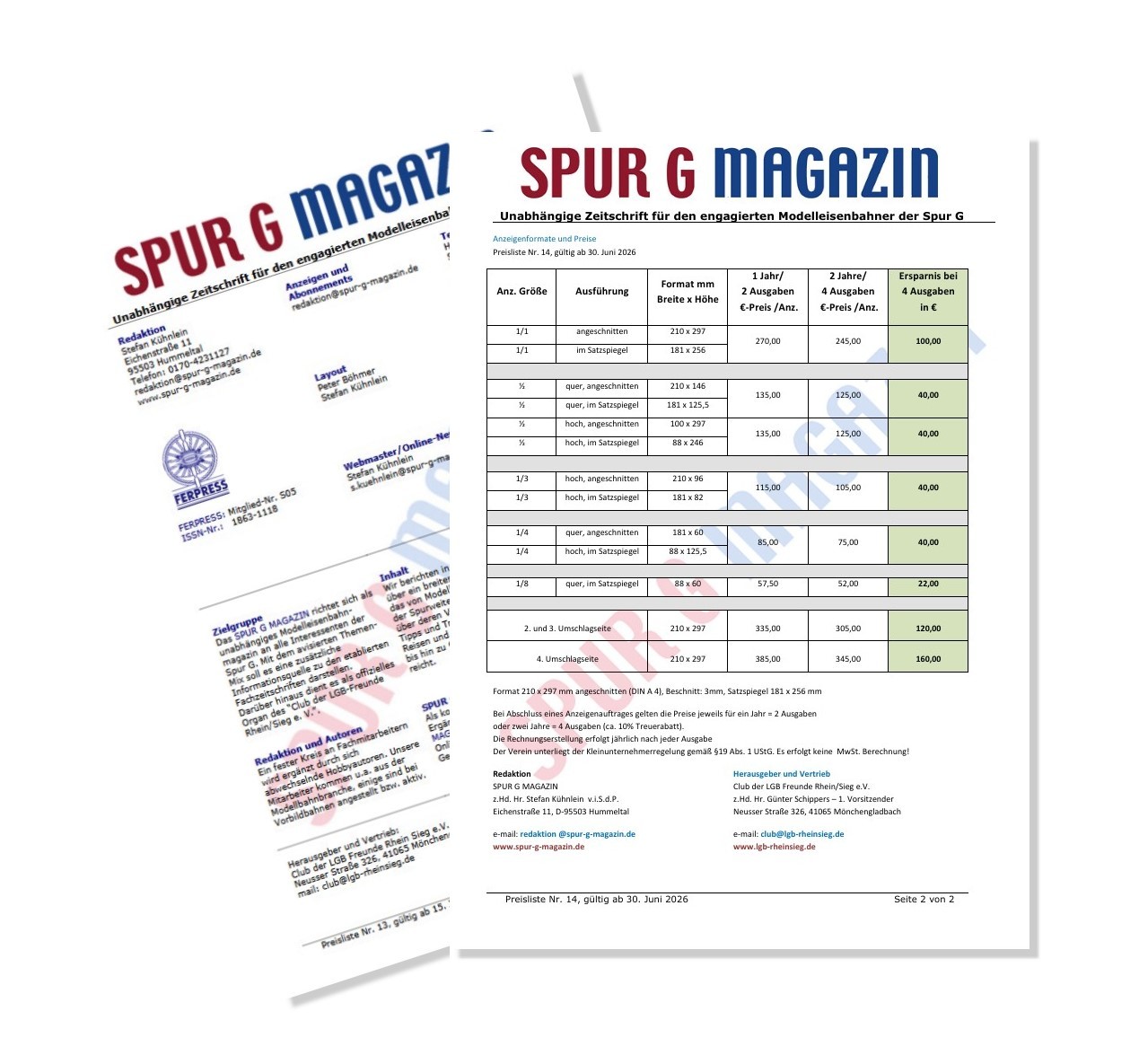 Merkblatt f�r Anzeigenkunden - Preisliste Nr. 14 f�r 2026  f�r Werbung im Spur G Magazin